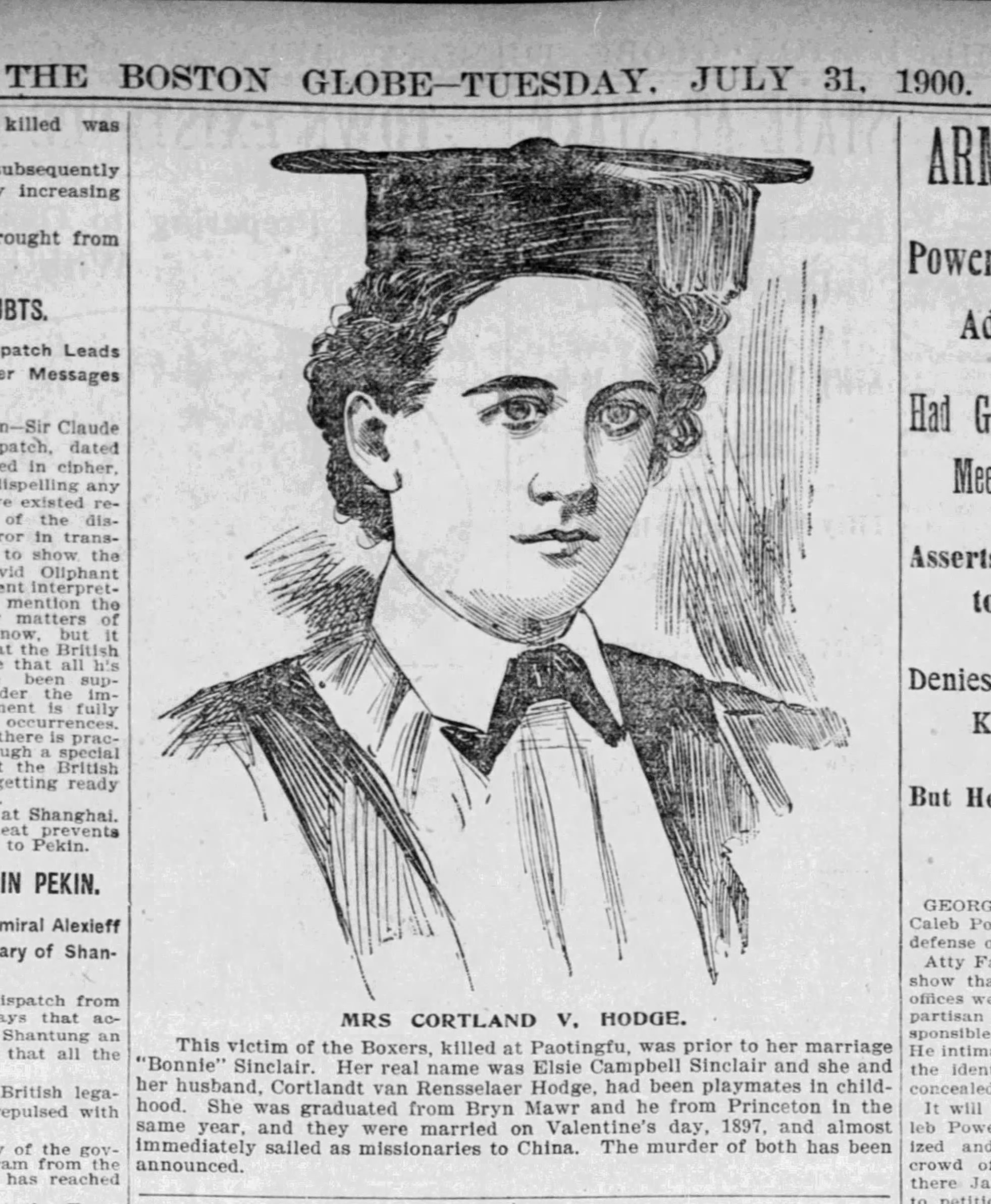 A scanned copy of one page from the Boston Globe newspaper. The page shows a sketch of Elsie Sinclair Hodge dressed in a cap in gown, likely taken right after her graduation.
