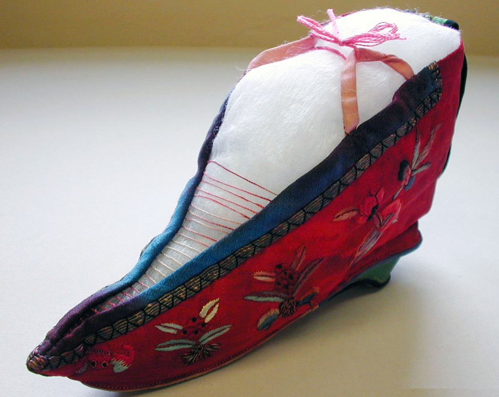 A small shoe for a bound foot. Part of Helen Chapin's colelction donated to the college.