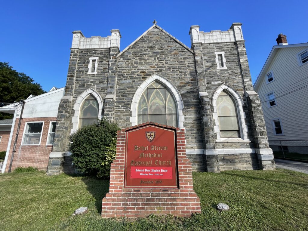 photograph of the front of the Bethel AME Church in Bryn Mawr.