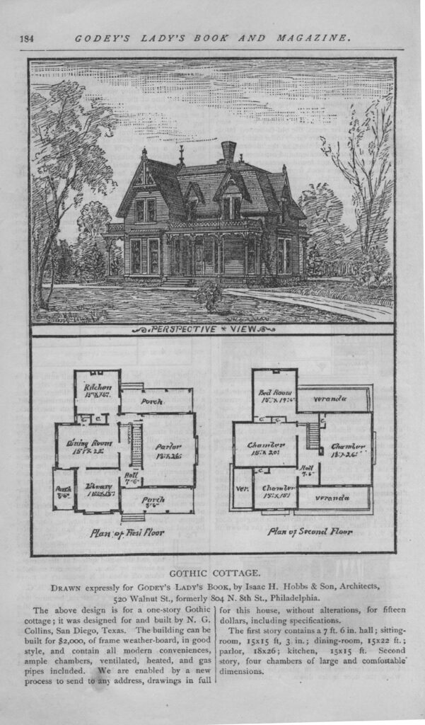 A page from Godey's Lady Book Magazine showing a drawing and floorplan of a Gothic Cottage. 