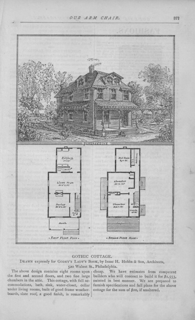 Page taken from Godey's Lady Book depicting an illustration and floorplan on a gothic cottage. 