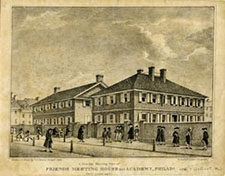 A lithograph of a Quaker Meeting House. Quakers depart from the house. 
