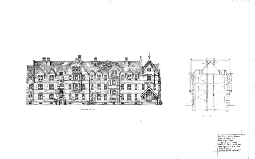 Elevation drawing on Merion Hall along with a side split view