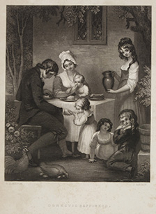 Mezzotint depicting a family. A father looks down at his daughter, the mother holds an infant. Three other children can be seen. The oldest is standing and holding a pitcher while the younger two sit on the floor and play.