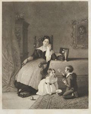 A mezzotint depicting a mother in a chair, gazing down at her two young children blowing bubbles