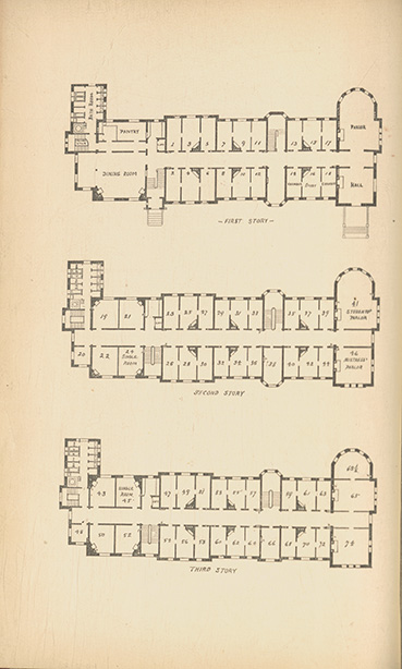 A page from the 1885-1886 College Program depicting rooms and plans for each floor in Merion Hall 