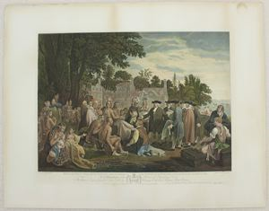 William Penn and other Quakers in black hats speaks to the region's Indigenous Peoples, who sit on the ground. In the background are already erected buildings. 