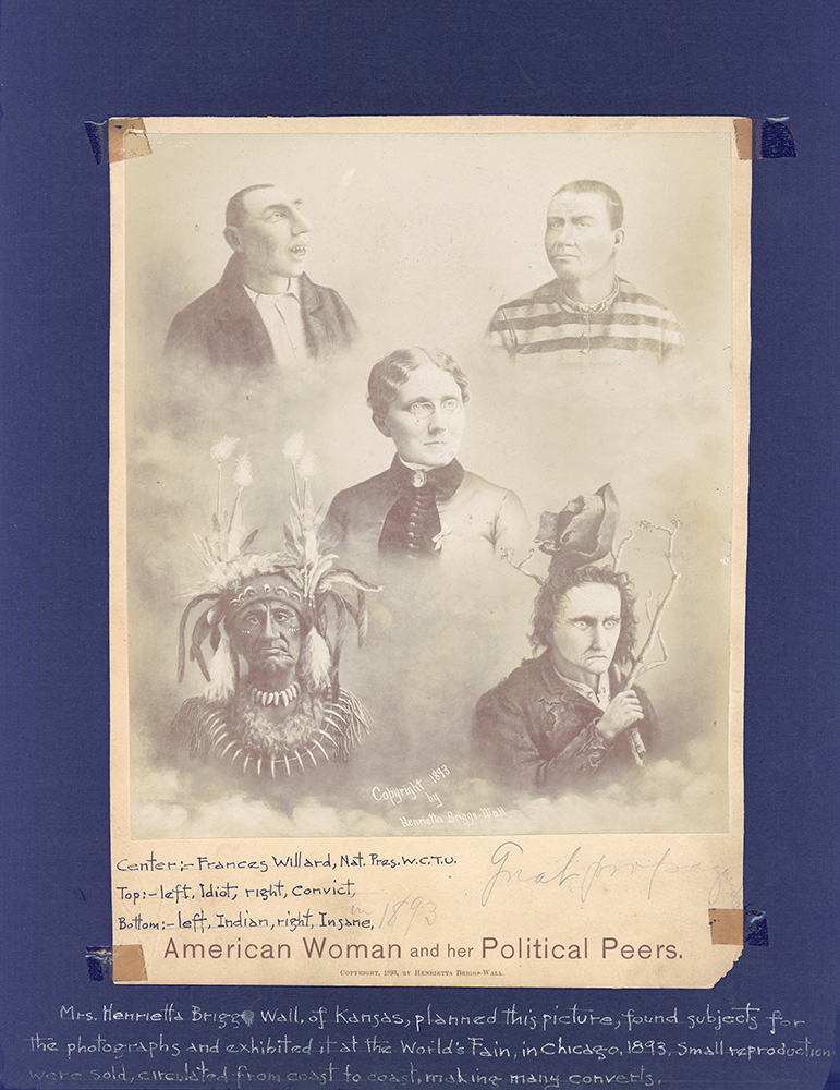 Copy print of a pastel drawing by Henrietta Briggs-Wall. Miss Frances E. Willard is depicted in the center of the image, surrounded by likenesses of an idiot, a convict, a Native American Indian, and an insane man. Briggs-Wall, of Kansas, planned this picture, found subjects for the photographs, and exhibited it at the World's Fair, in Chicago, 1893. Small reproductions were sold, circulated from coast to coast, making many converts.