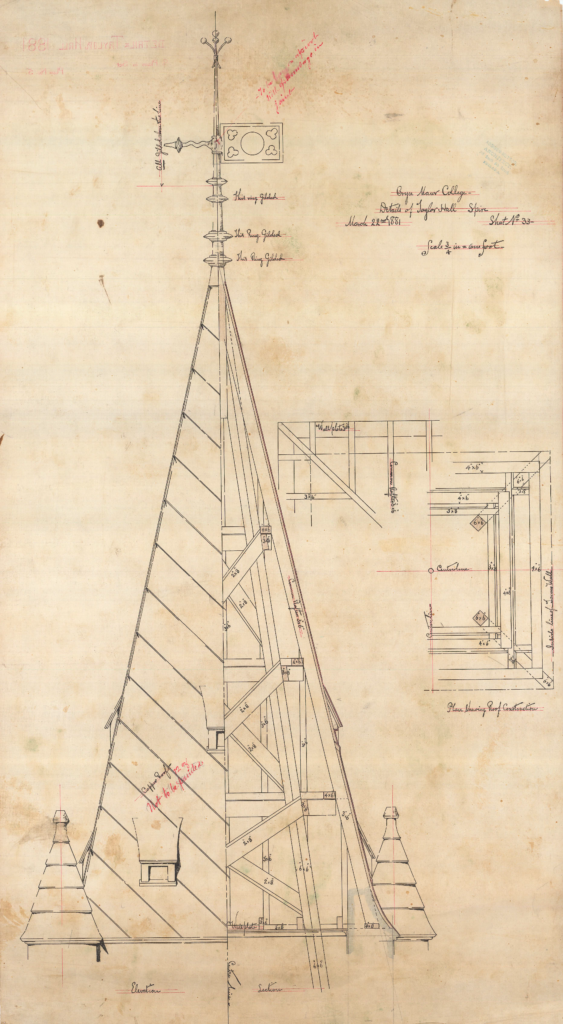 On parchment paper, a plan of Taylor Hall's spire. Numbers and red ink can be seen on the page. a cross section is also included.