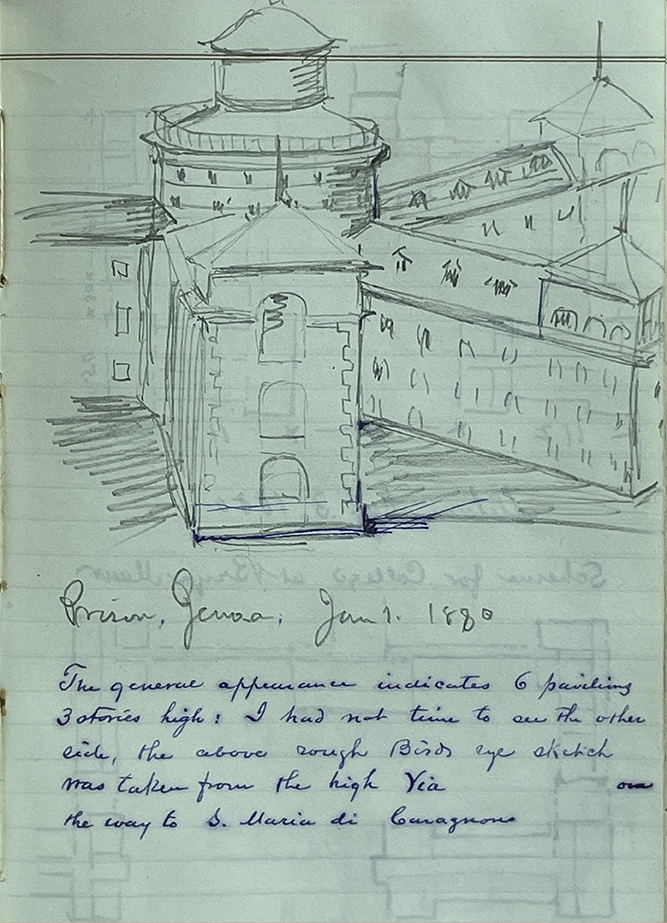 A page from Addison Hutton's diary with a sketch of a prison in Genoa
