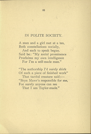 A page from the student publication, Dulci Fistula: A book of Nonsense The poem is entitled "In Polite Society" and describes a man and a woman meeting for tea.