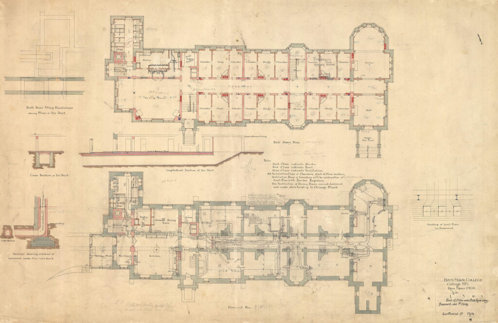 Plans of Merion's first floor and basement in color