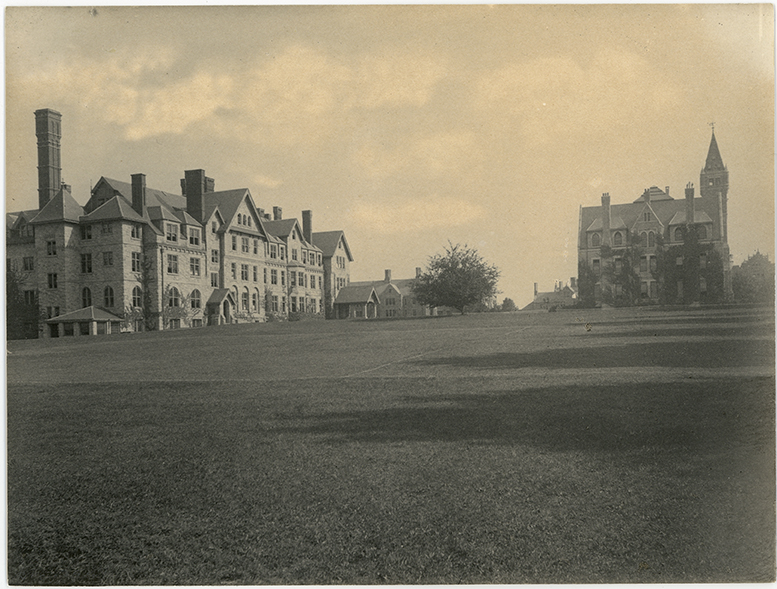 Photograph of (from left to right) Merion Hall, unknown building, and Taylor Hall.